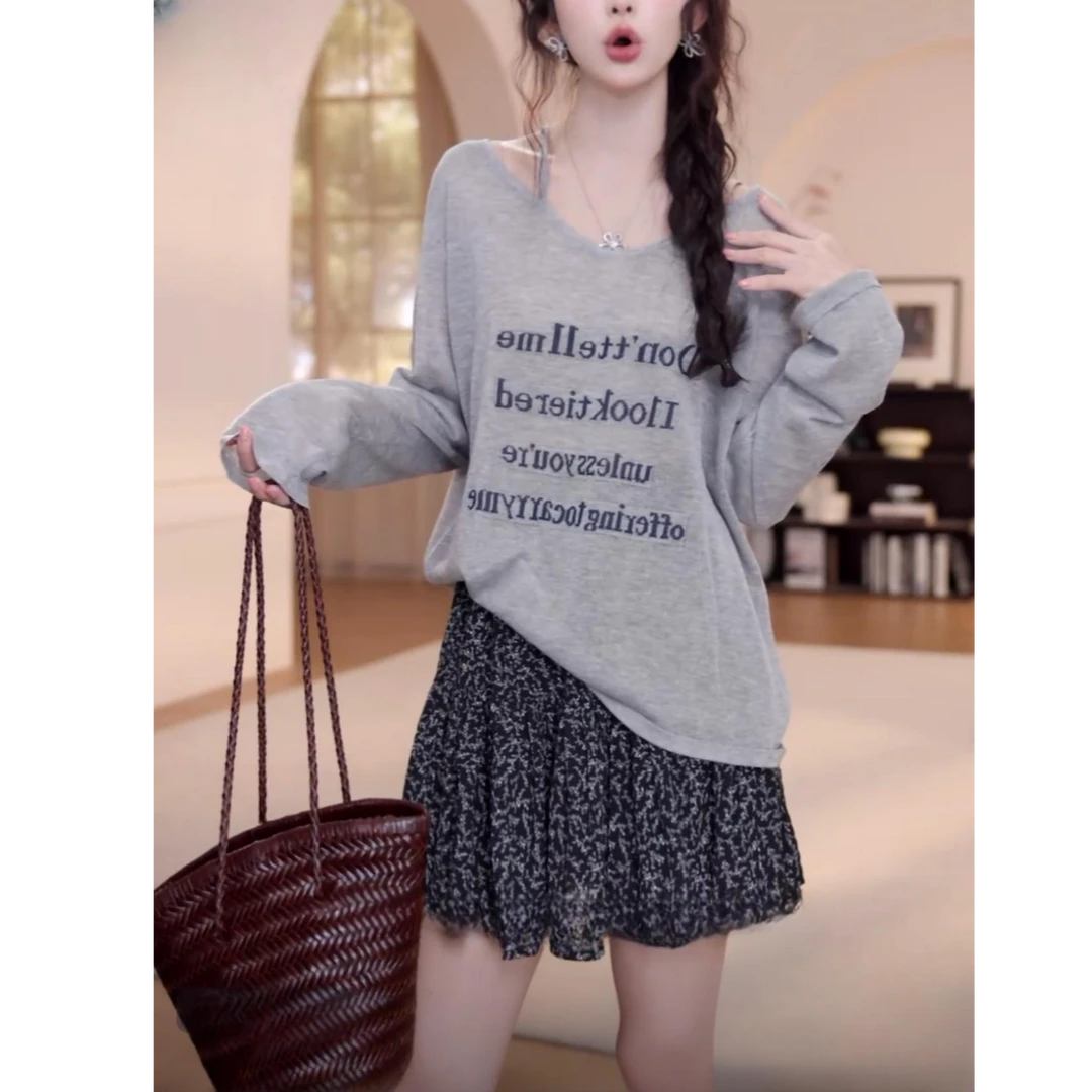 时尚感撞色字母印花薄款长袖T恤女夏季百搭休闲莱赛尔上衣防晒衫