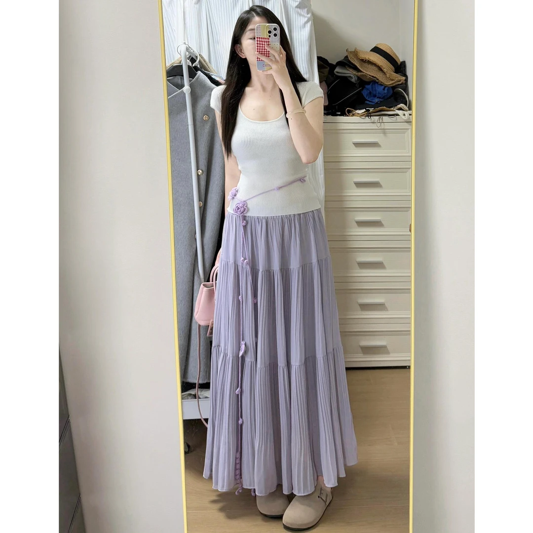 法式夏季新款气质温柔风方领修身T恤上衣+高腰百褶半身裙百搭套装