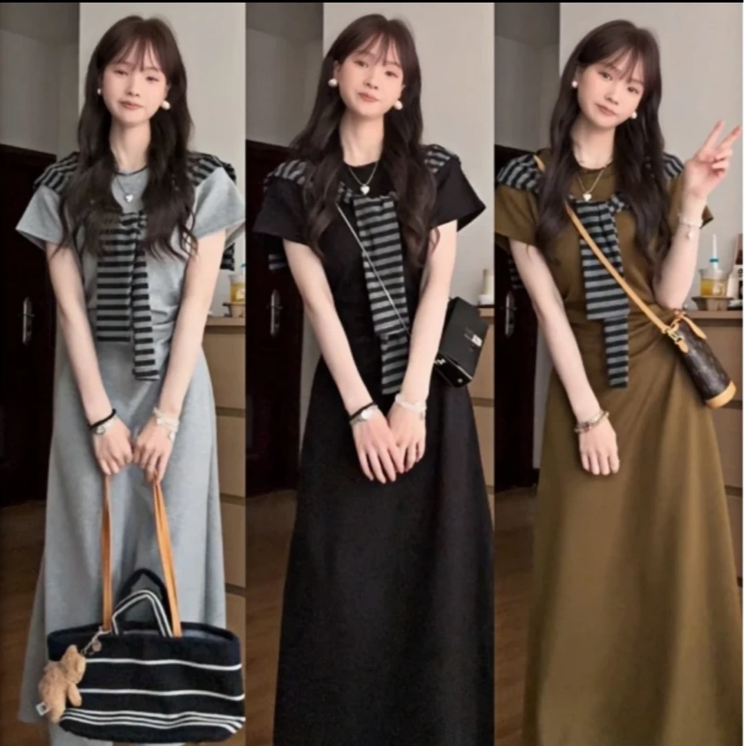 【大货清清运补8】极简风夏季短袖圆领连衣裙时尚显瘦复古韩版长裙