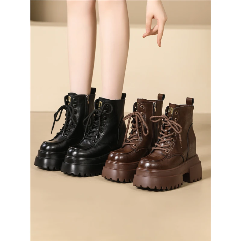 真皮厚底马丁靴小个子隐形增高12CM短筒时尚百搭矮筒鞋侧拉链靴子