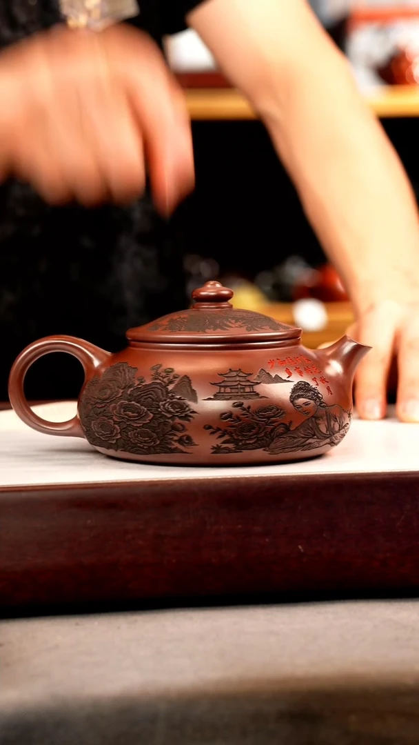 茶壶紫砂石红 寒江 牡丹