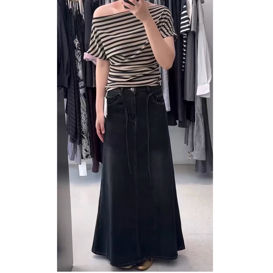 日不落家-抽绳牛仔半身裙