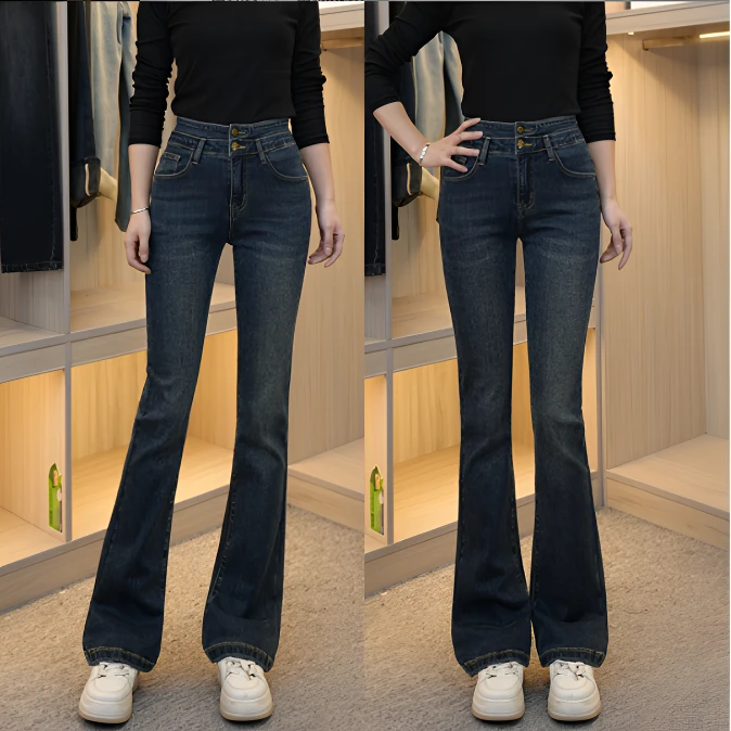 岚岚涵涵春季高腰显瘦弹力显瘦微喇裤修身收腹马蹄喇叭牛仔裤子女