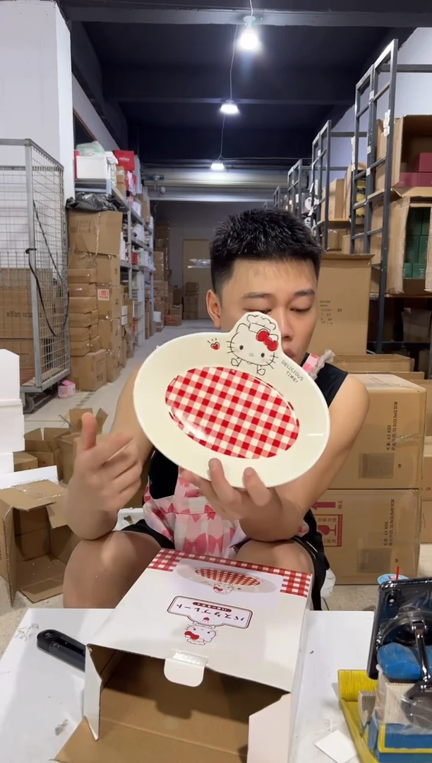 瓷片原盒kt猫红格子餐盘