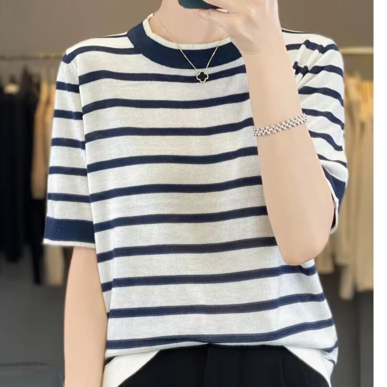 针织衫夏季圆领女短袖针织衫条纹A59