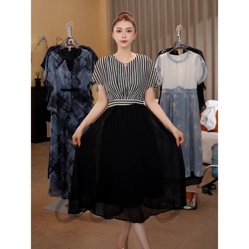 G6378新款气质通勤条纹假两件2025夏季拼接荷叶袖收腰大摆连衣裙