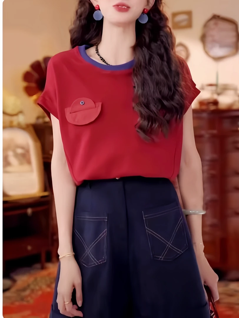 大码红色正肩短袖t恤女2025年夏季胖MM港风复古百搭宽松体恤上衣
