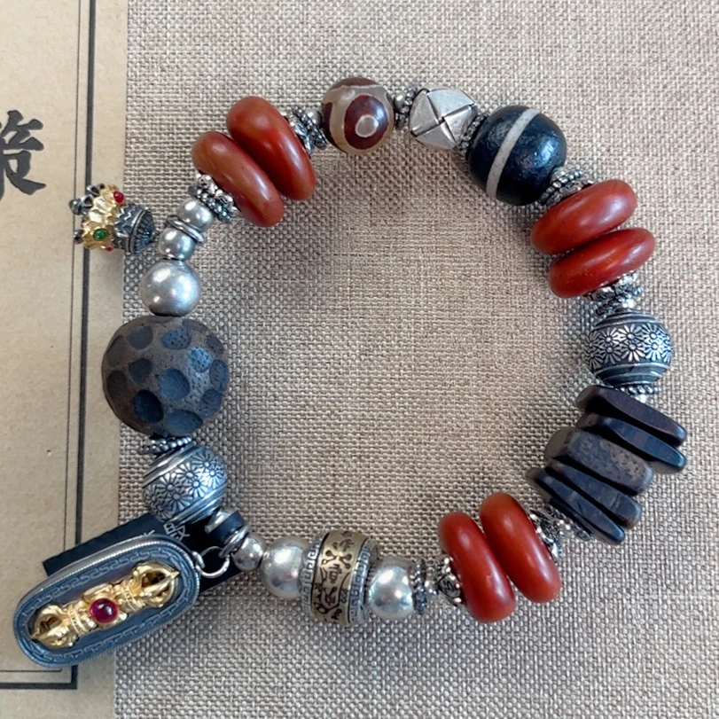 S925银手工银复古做旧国风民族风蜜蜡银饰手链古风个性古法重工