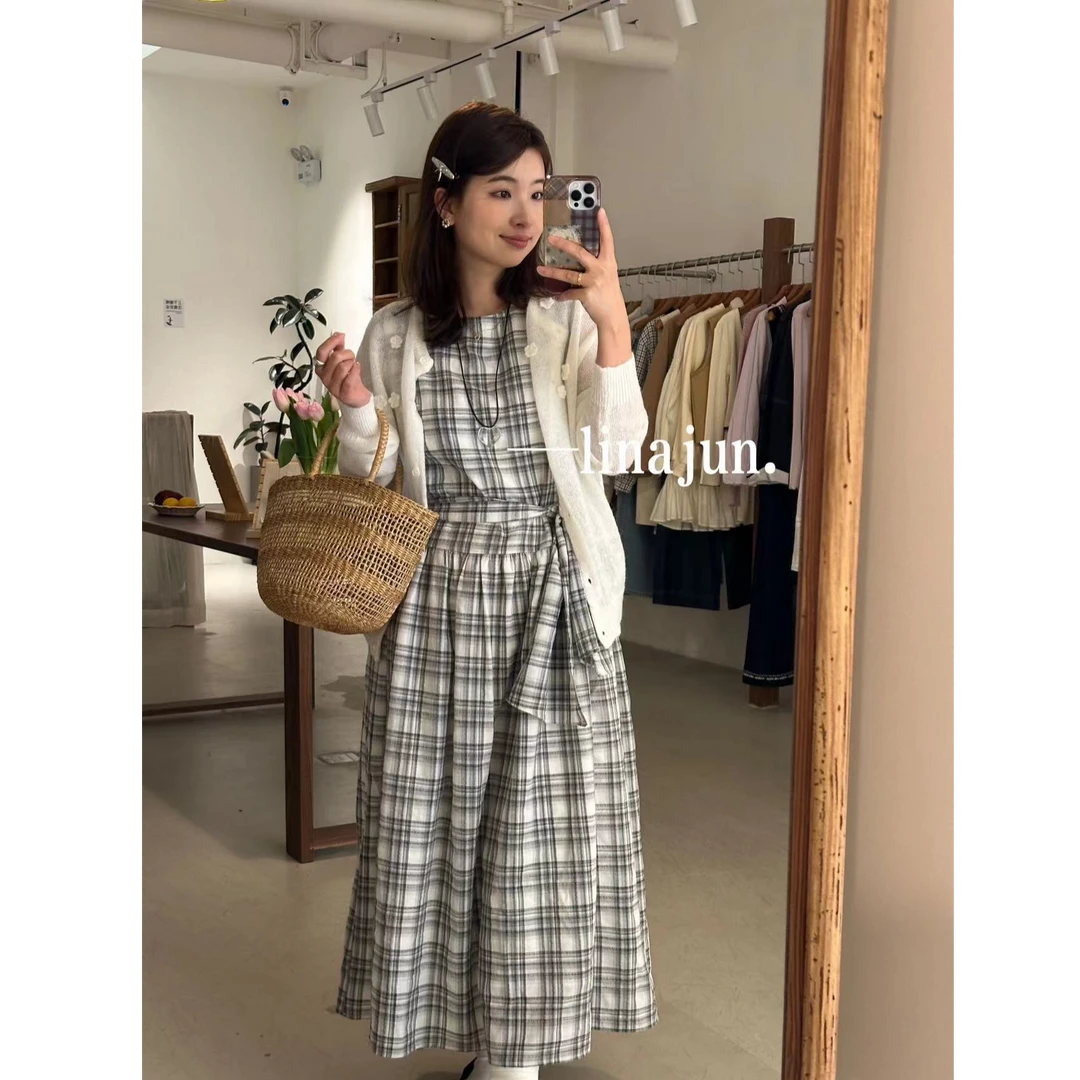 2.15《龙井》春夏新款韩系复古风宽松可系带格纹背心裙提花开衫两件