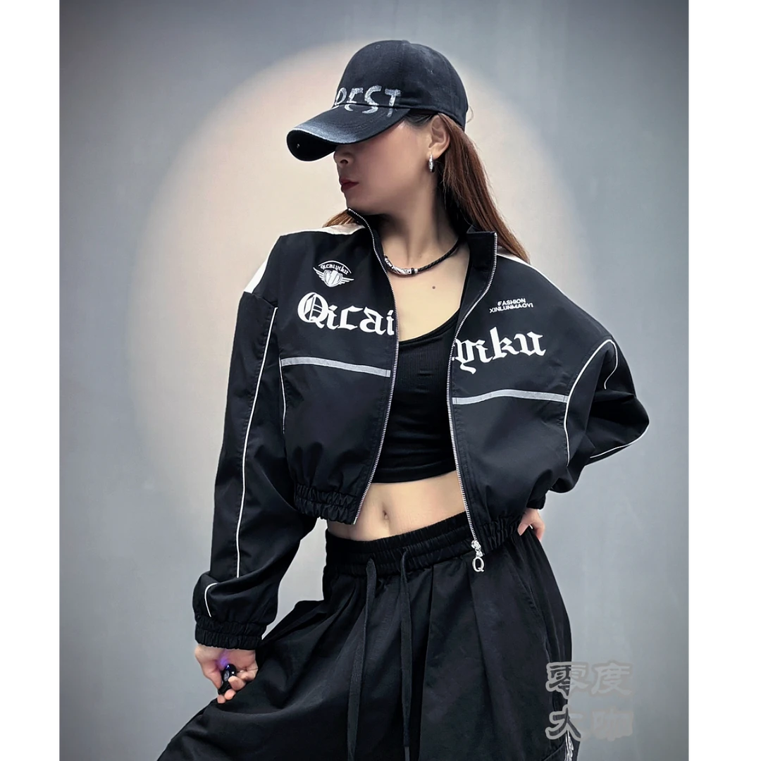 XL566短款机车服立领印花长袖上衣外套