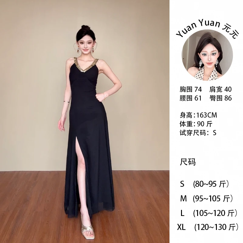 F0100410/G2【YY】法式高级感黑色V领挂脖连衣裙气质名媛收腰礼服裙
