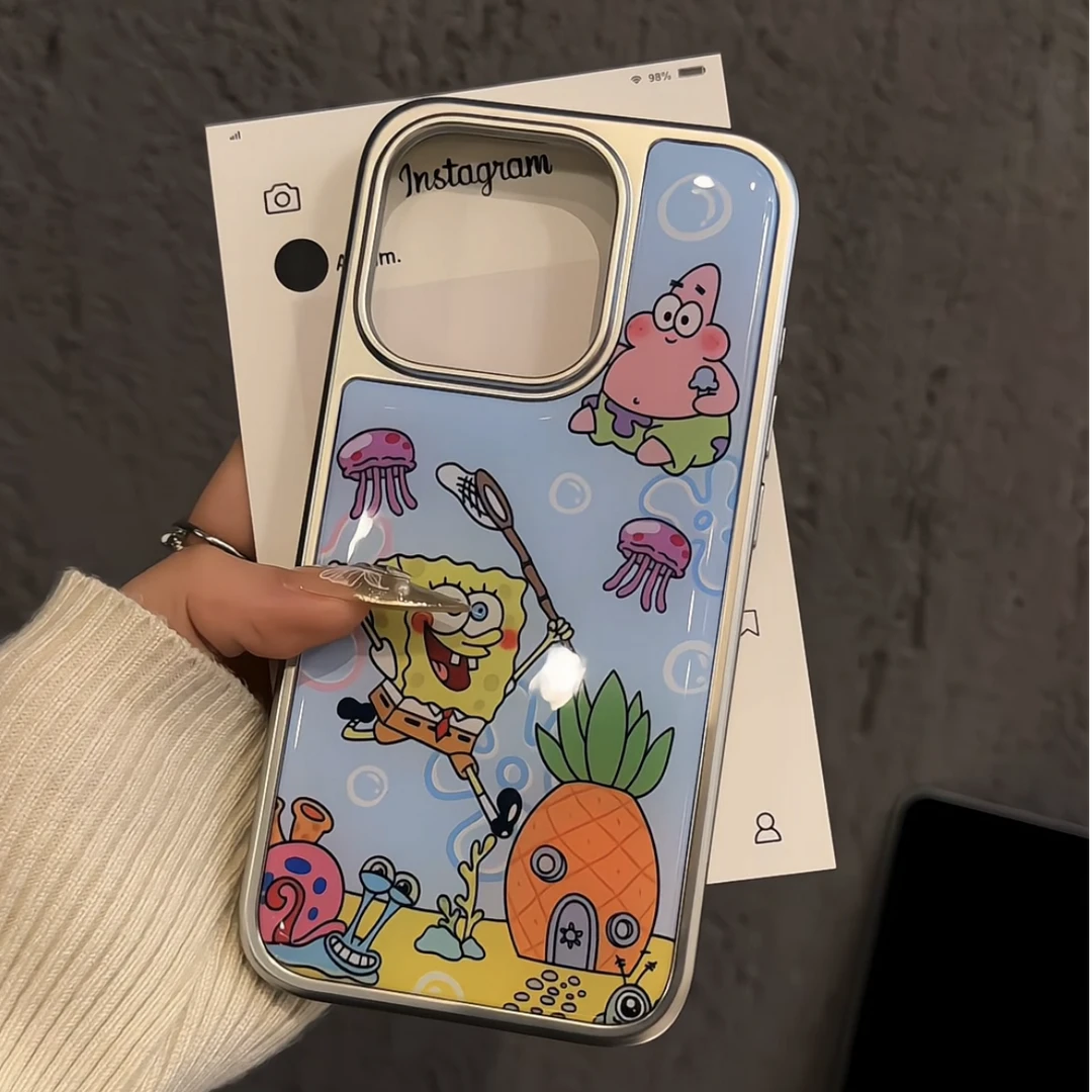 适用苹果16pro电镀大孔相框手机壳华为p70海绵宝宝派大星小众小米