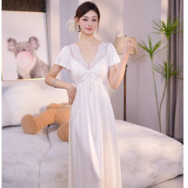 查理夫人【白月光短袖】气质睡裙家居服蕾丝显瘦白色时尚春季