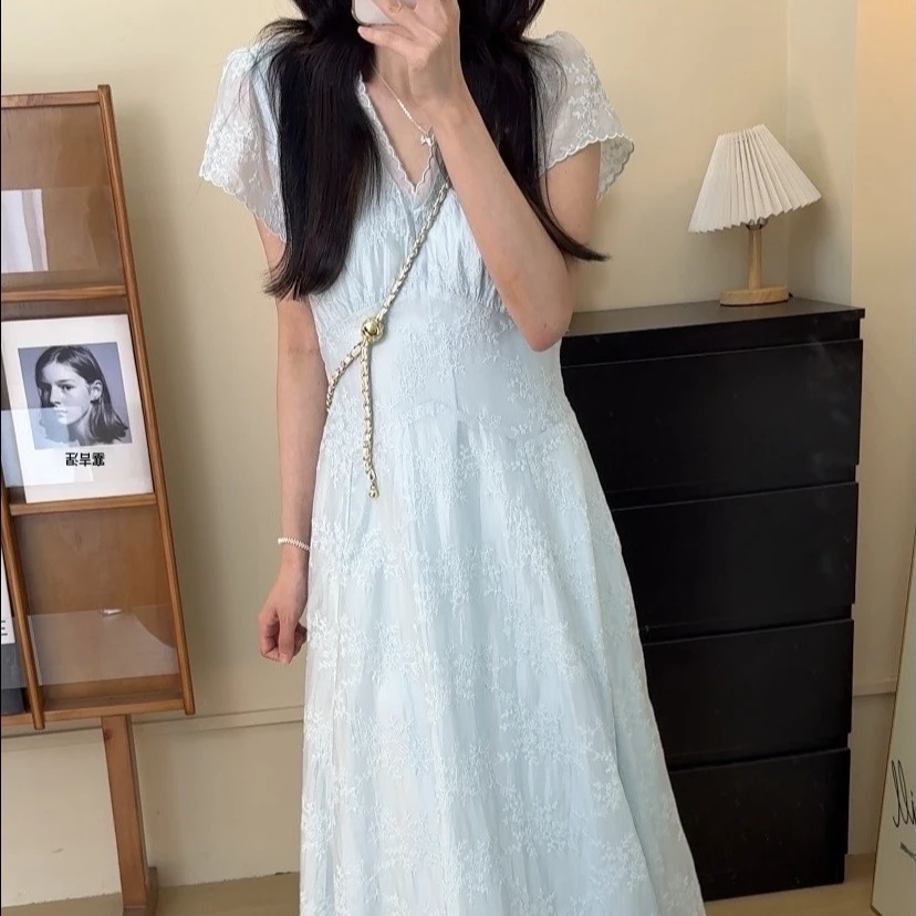 清新ins甜美芒果布丁V领短袖轻职风夏季高腰连衣裙