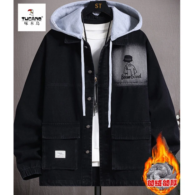 啄木鸟冬季新款加绒加厚牛仔衣外套潮青少年男装连帽夹克时尚男装