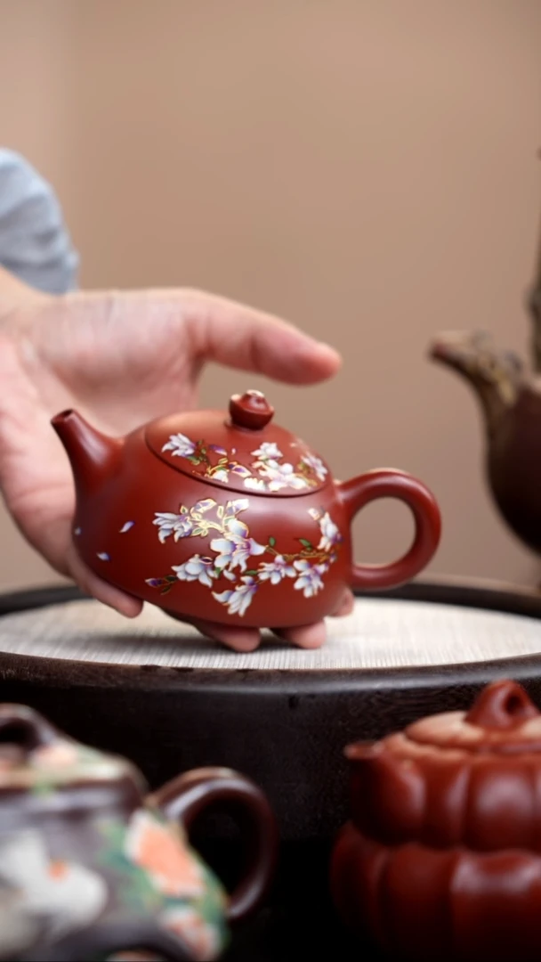茶壶紫砂朱泥半月珐琅彩