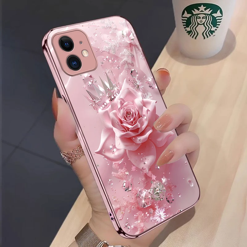 钻石玫瑰苹果11手机壳全包防摔轻奢金属漆散热高级感耐脏玻璃壳