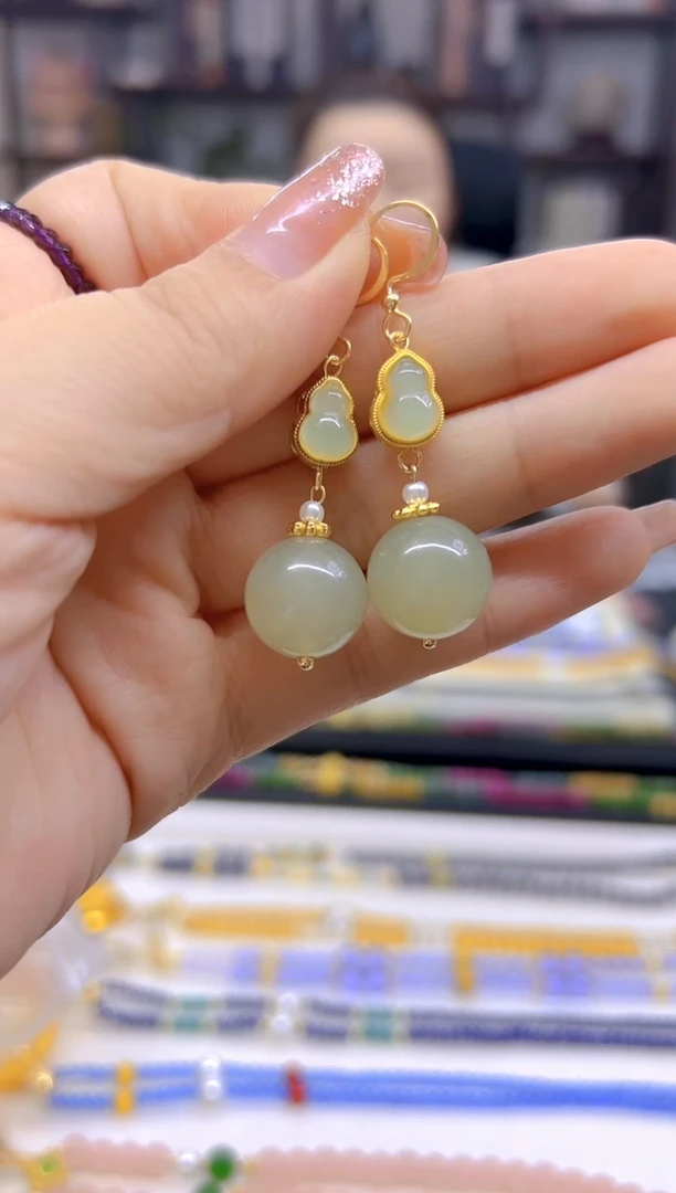 和田玉14K金镶嵌耳饰DIY款E714