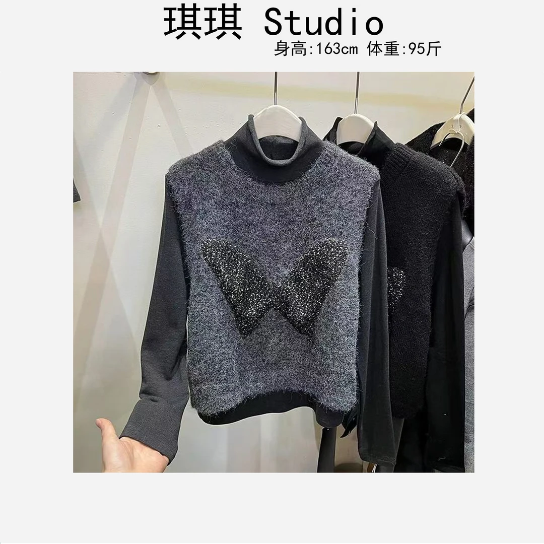 冬季新款重工设计感闪闪蝴蝶结气质时尚显瘦减龄百搭针织马甲-G