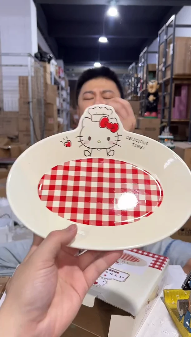 瓷片原盒kt猫红格子餐盘