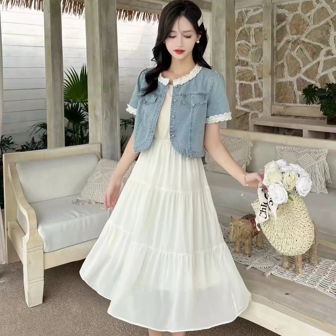 极简风时尚套装蕾丝牛仔上衣高腰背心裙气质显瘦小个子套裙女