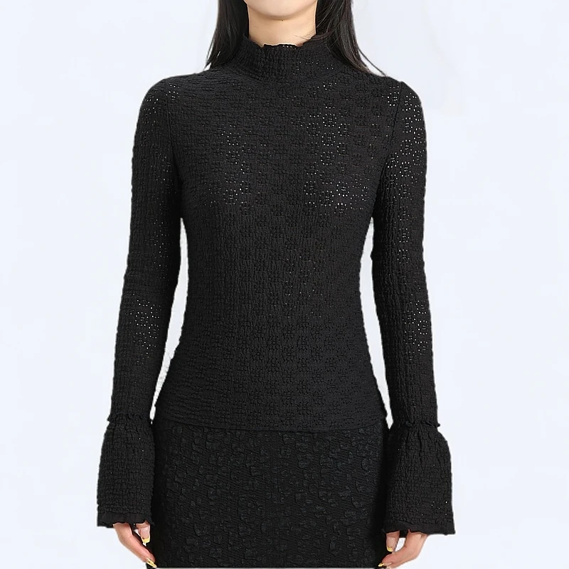 商场同款2025早春新款烟管领马蹄袖修身立体提花镂空长袖1301035