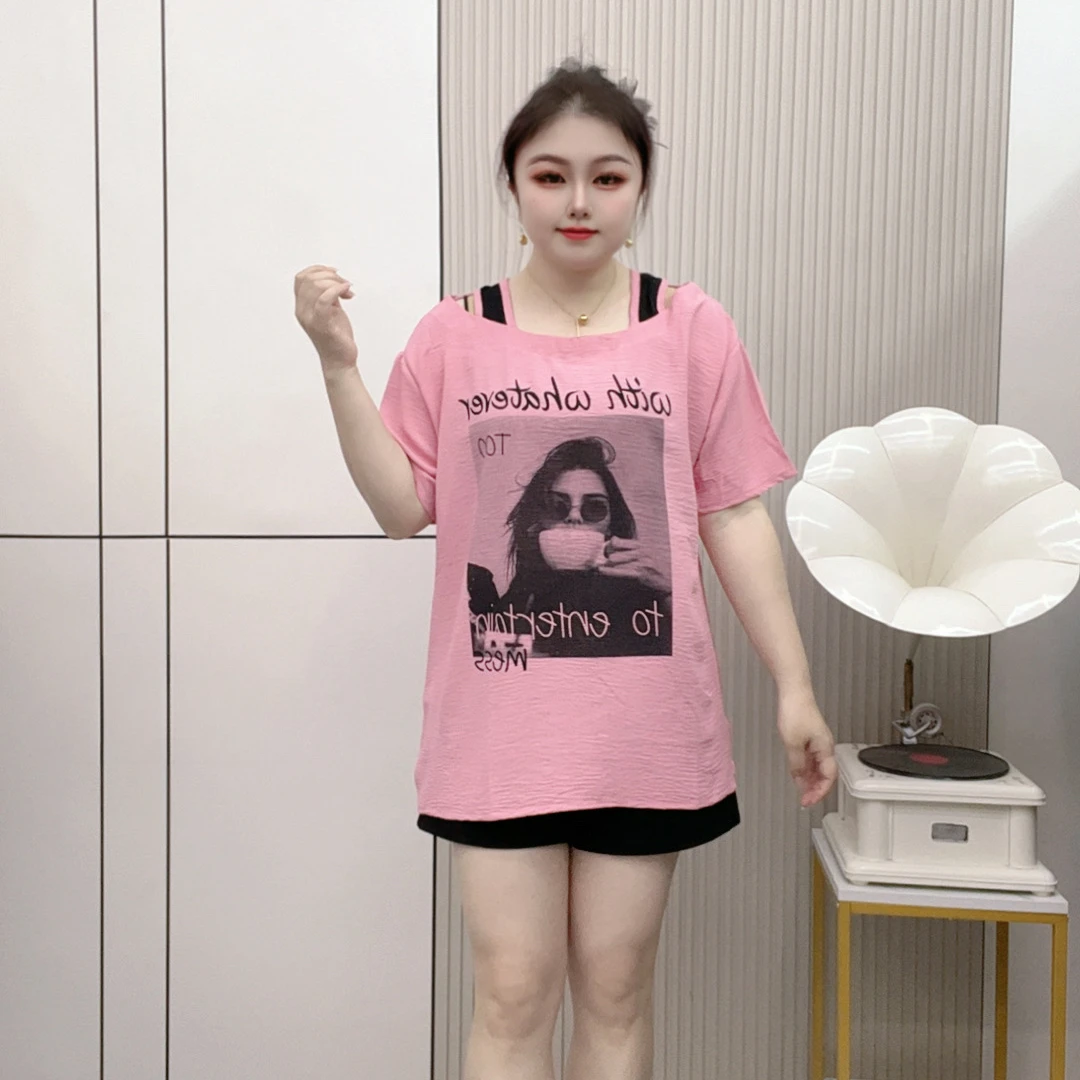 夏季短袖-爆款V领设计感印花T恤时尚休闲百搭宽松大码显瘦洋气