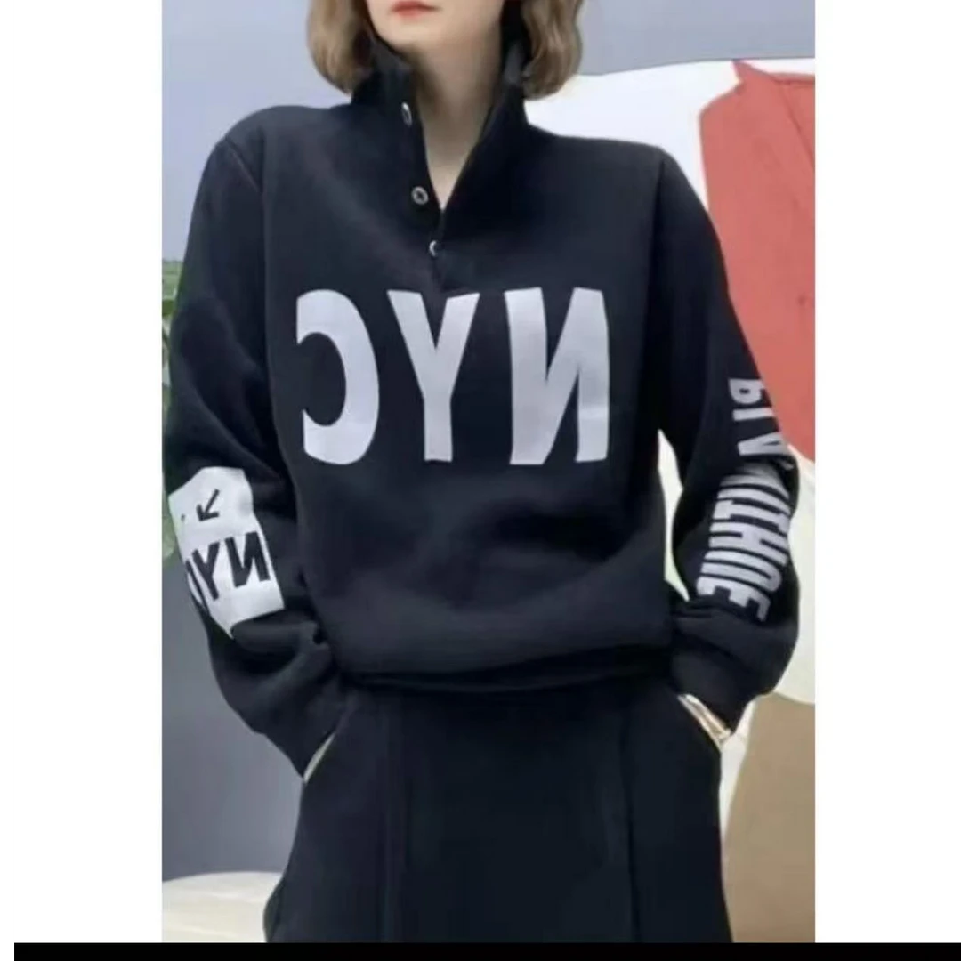 长袖高领卫衣2025年立领印花宽松女士大码红色上衣设计感小众洋气