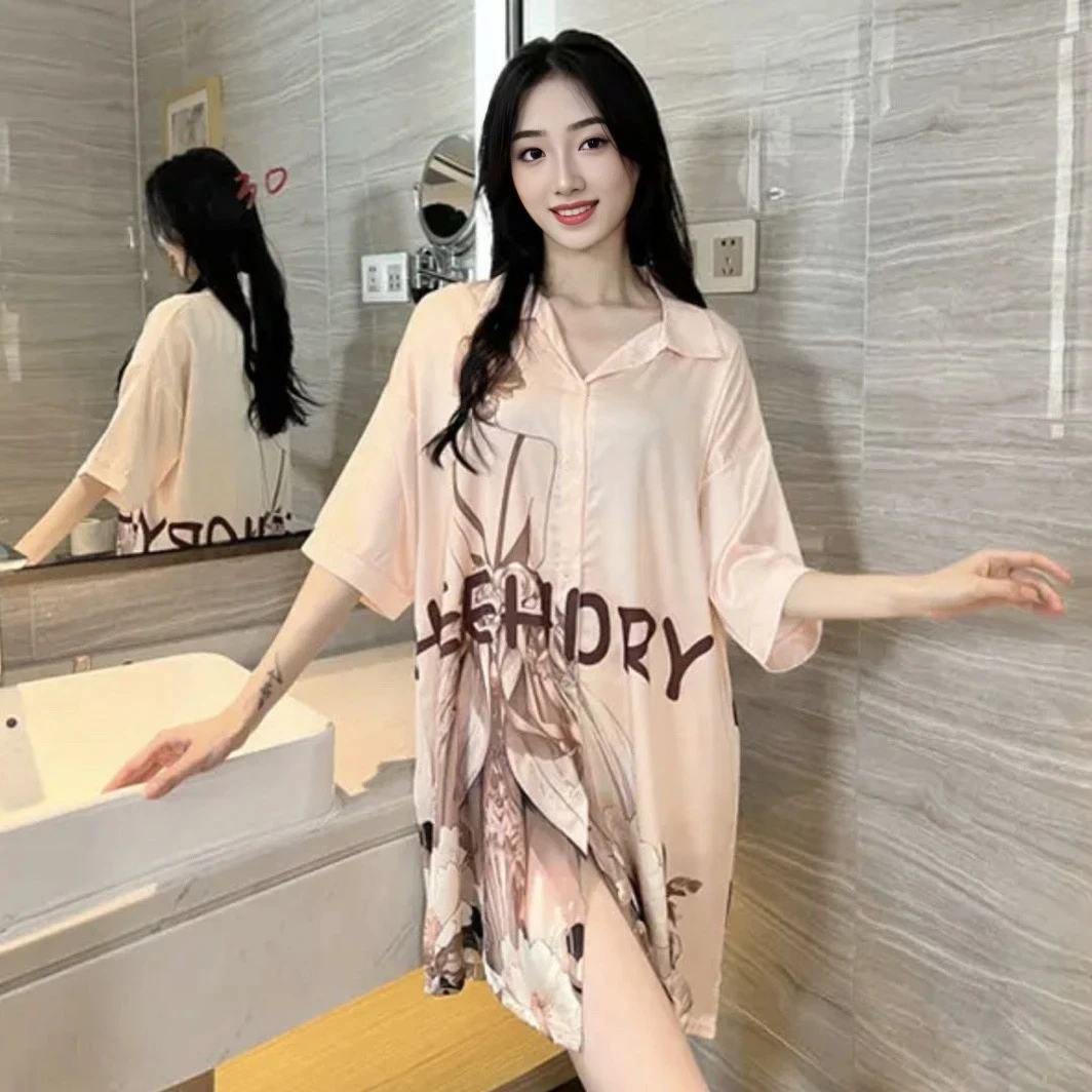 【直播专享】2025春夏高档冰丝时尚睡裙百搭大码宽松显瘦家居服
