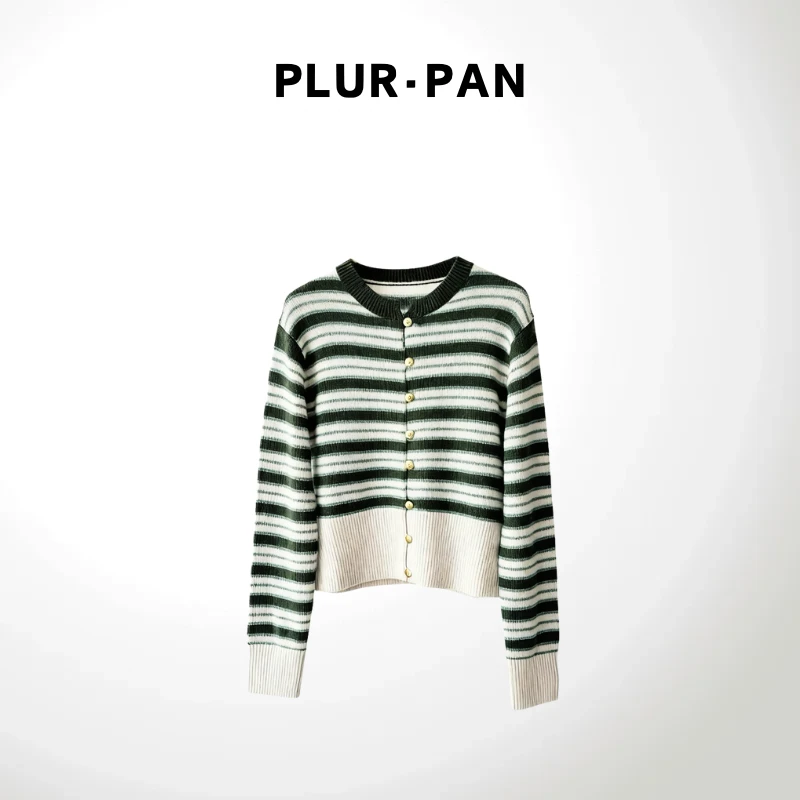 PLUR·PAN【意奢L~P】经典百搭条纹圆领金扣针织开衫