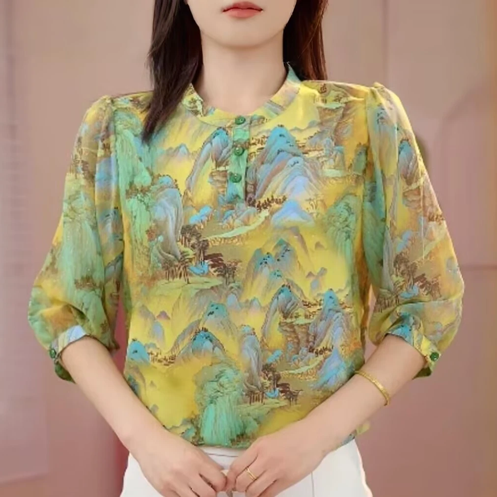 【茶芙巷】早秋款薄款冰丝衬衫女中年妈妈宽松显瘦雪纺小衫【ZS】