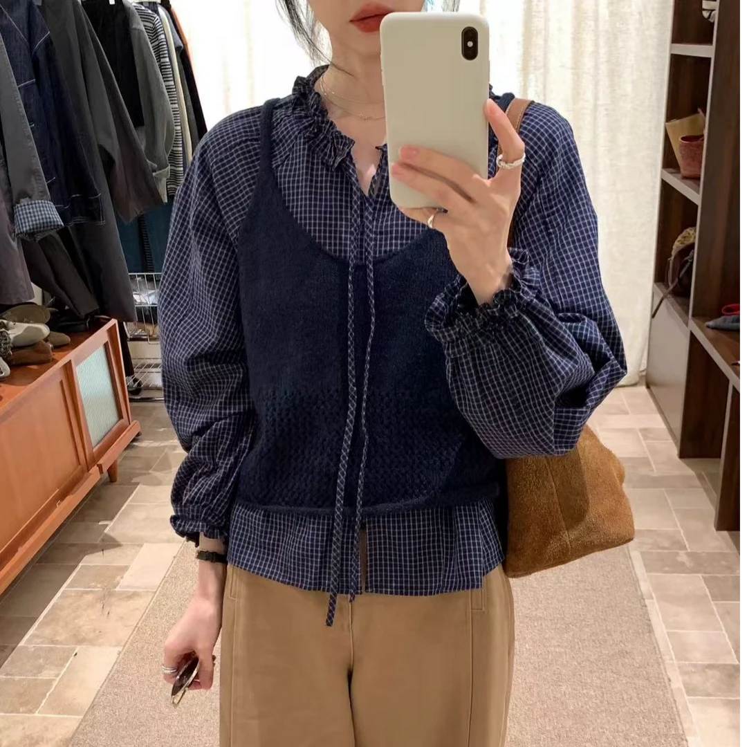 7750复古秋日出游 格纹系带衬衣针织马甲套装