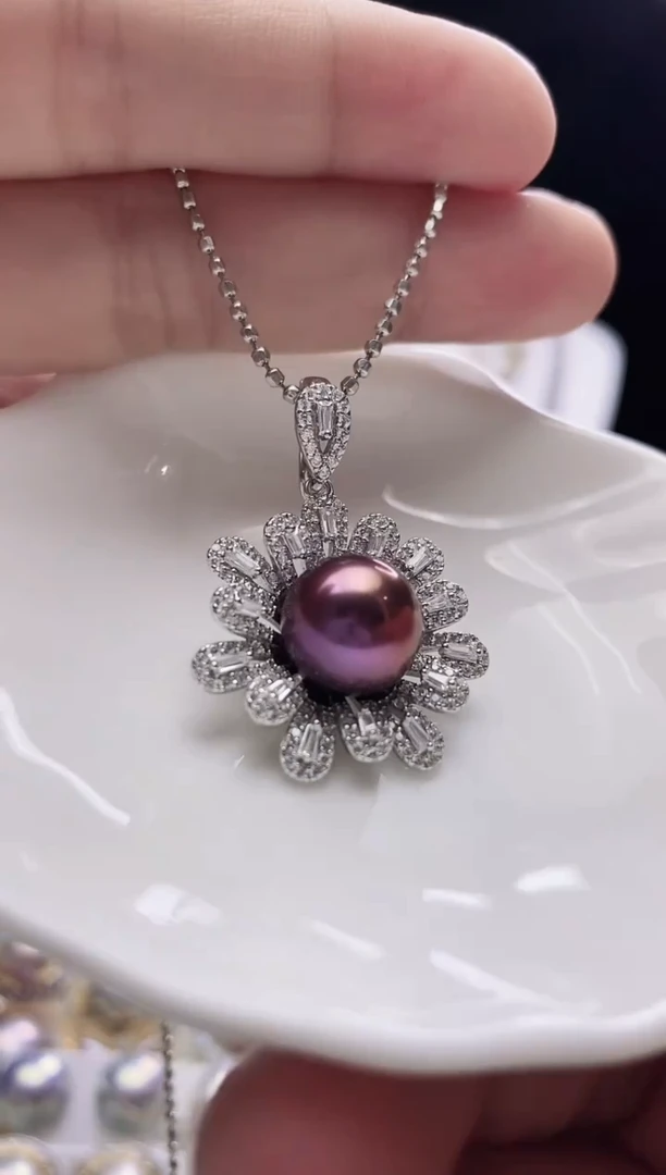 颈饰银S925镶嵌淡水珍珠淡水紫珠吊坠