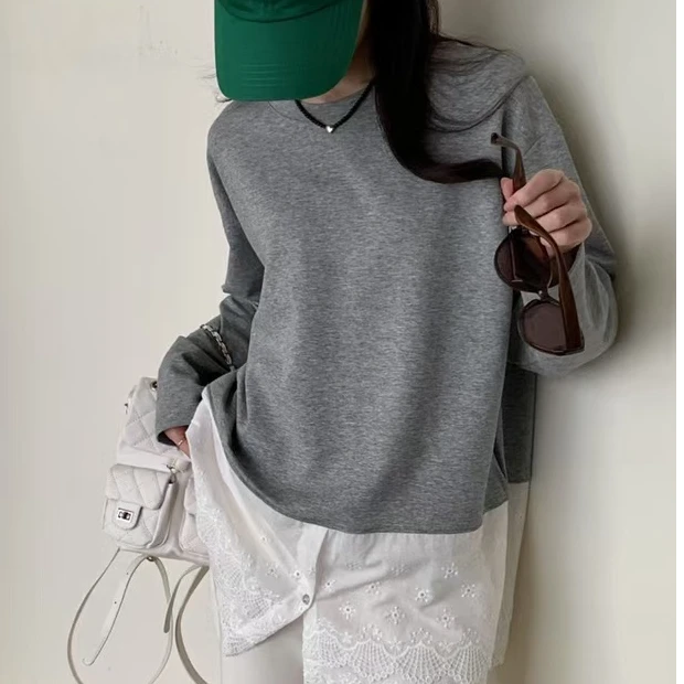 FUJIA STYLE新款气质休闲韩版简约蕾丝拼接长袖T恤T95018