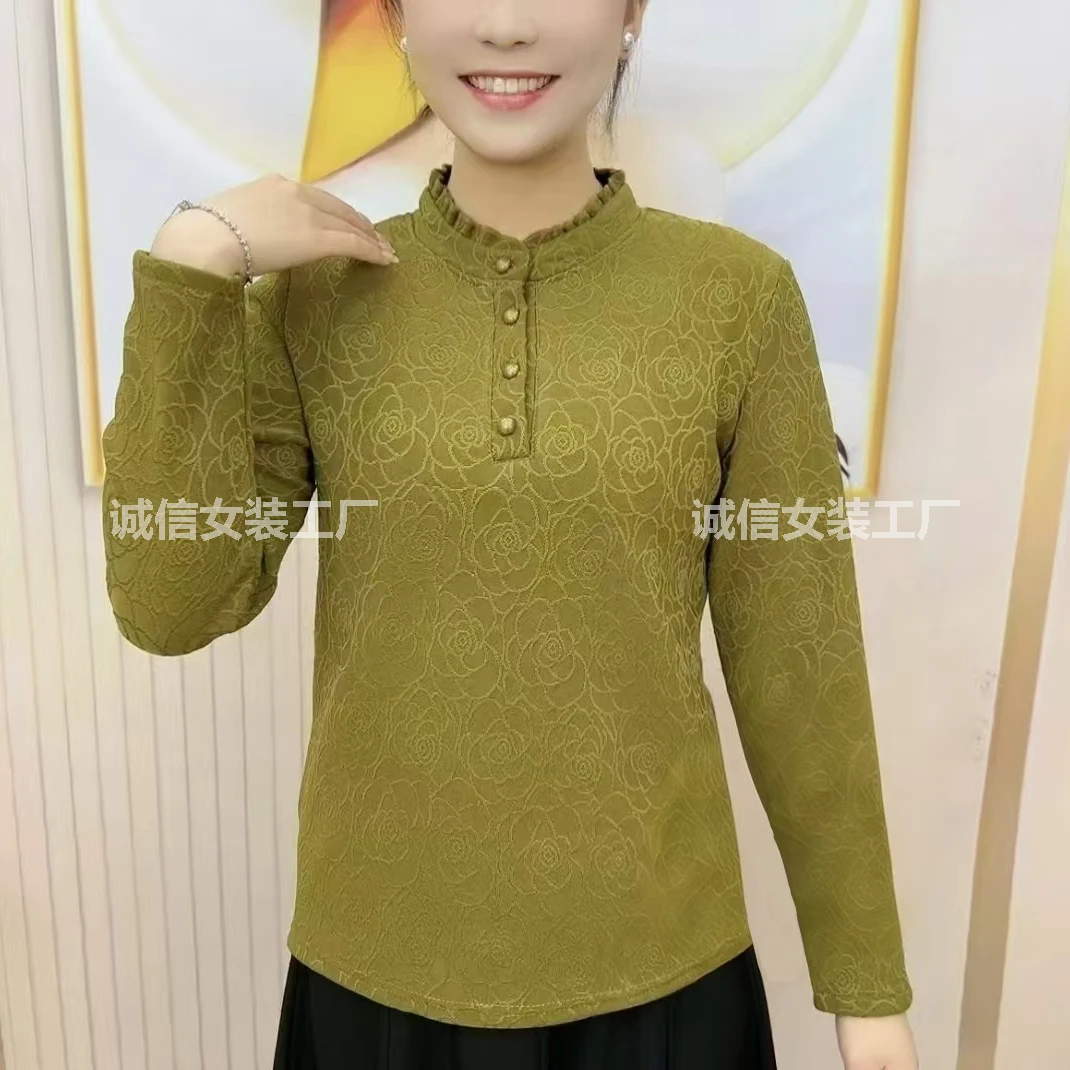 S127木耳边提花长袖春秋新款上衣百搭打底妈妈装中老年女装上衣