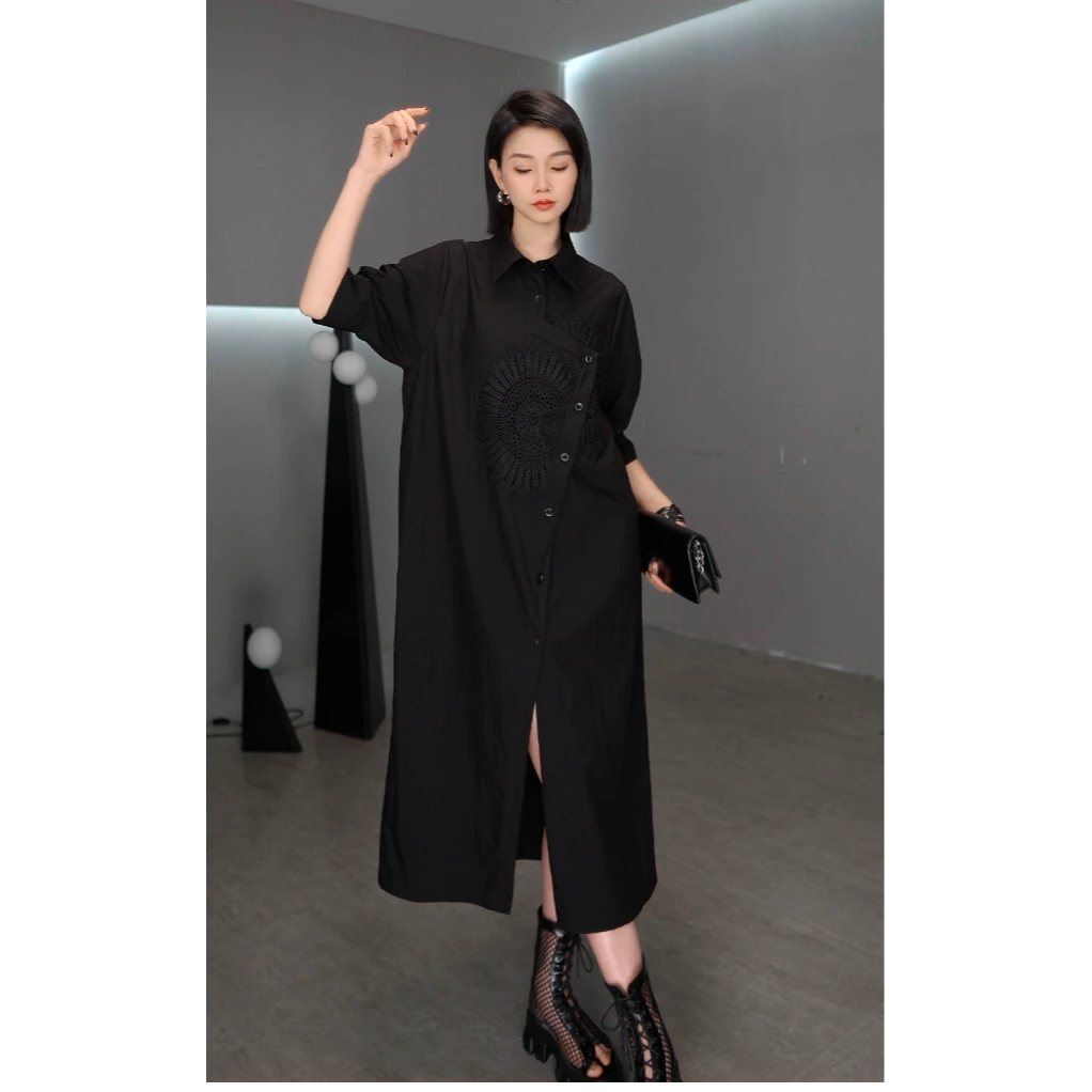 鑫鑫原创2025夏季新款拼接假两件衬衫裙中长款时尚百搭连衣裙8671
