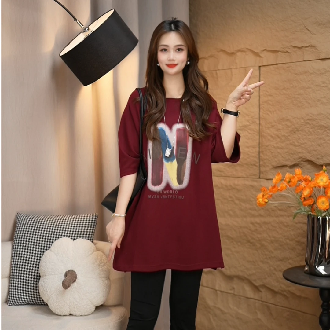 夏季透气大码显瘦T恤中长款时尚彩色印花字母圆领休闲t恤宽松短袖