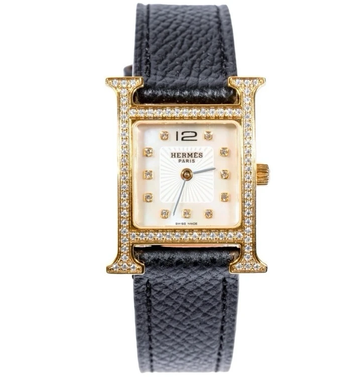 99新 Hermes/爱马仕 两针放射贝母钻刻金框中古女表26*26盘Y