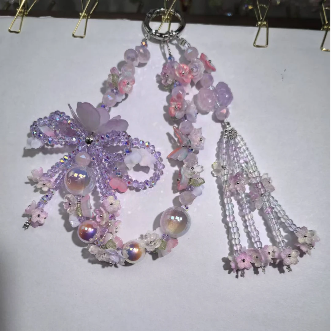 春季新款DIY手作A336-粉蓝莲花流苏手机链
