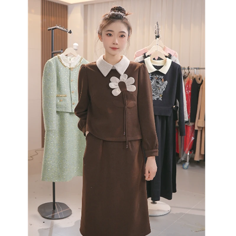 Y1561韩系时尚流行秋冬新款女士连衣裙立体花朵设计