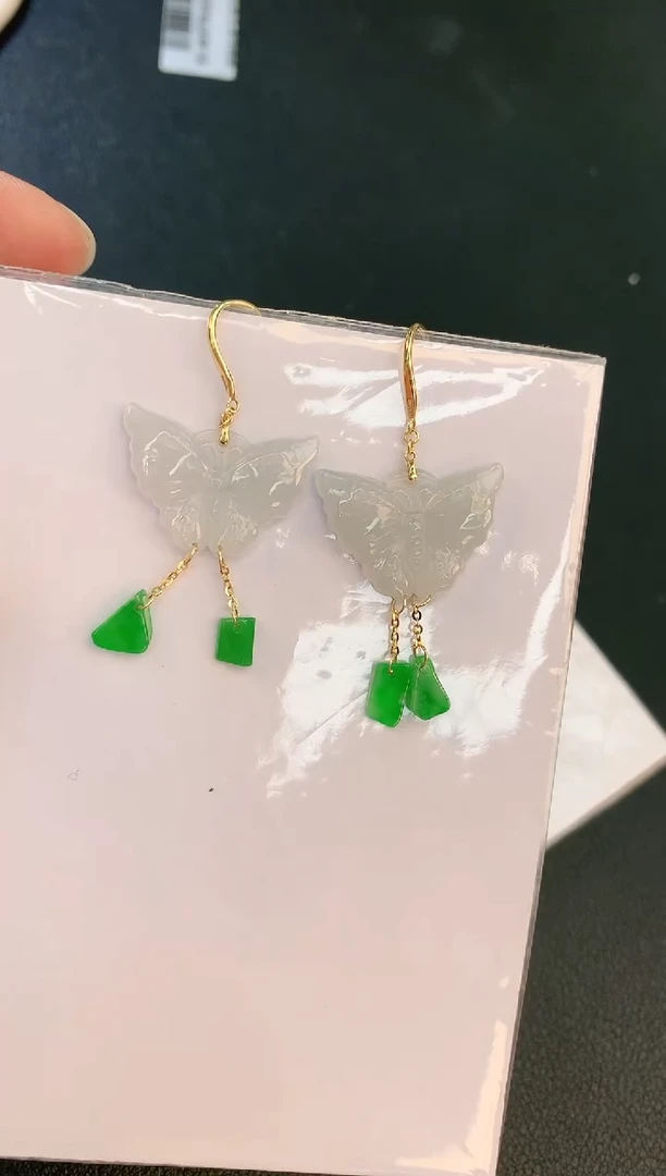 翡翠18K金镶嵌耳饰赠礼盒证书 麦麦