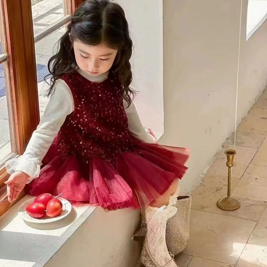 秋冬新款酒红色加绒亮片背心裙加绒打底衫新年拜年服公主裙两件套