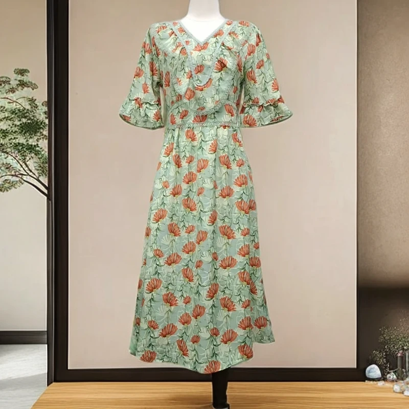 夏季V领收腰遮肉香蕉印花连衣裙T268