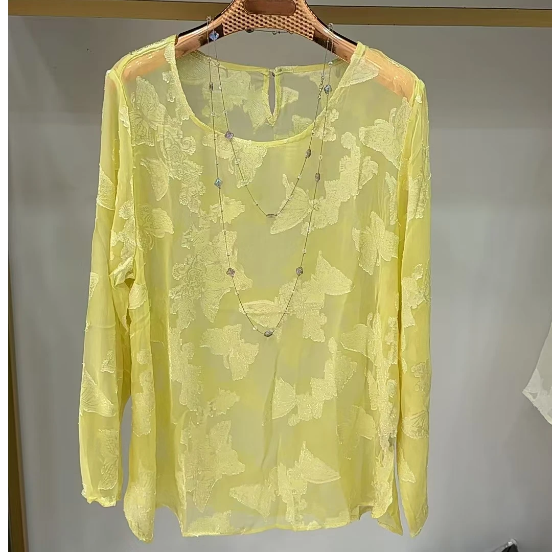 国风轻奢风小衫女2025年新夏款圆领提花长袖宽松开叉气质感衬衫