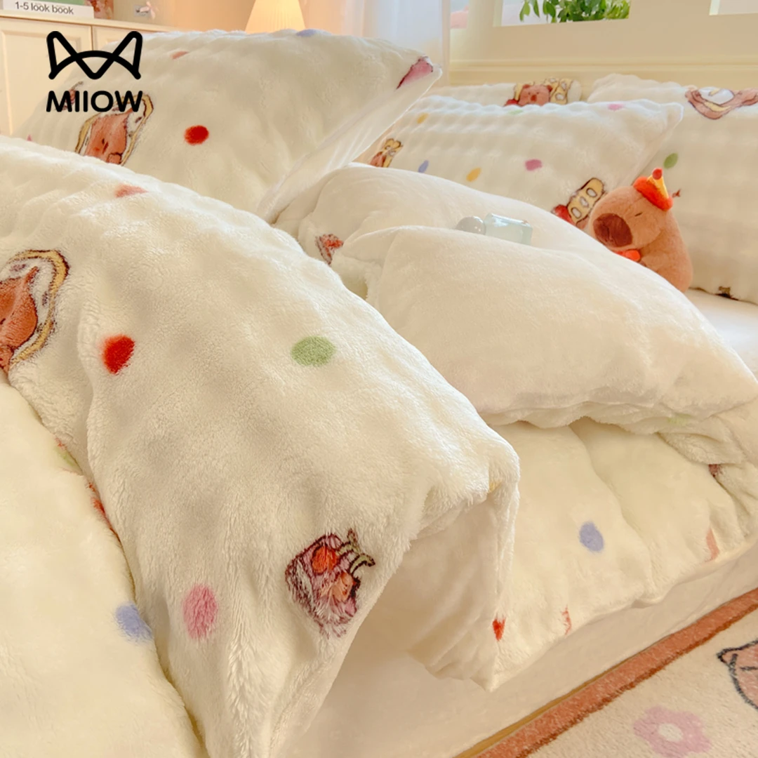 猫人秋冬季牛奶绒床上四件套双面绒珊瑚绒加厚保暖床单被套三件套