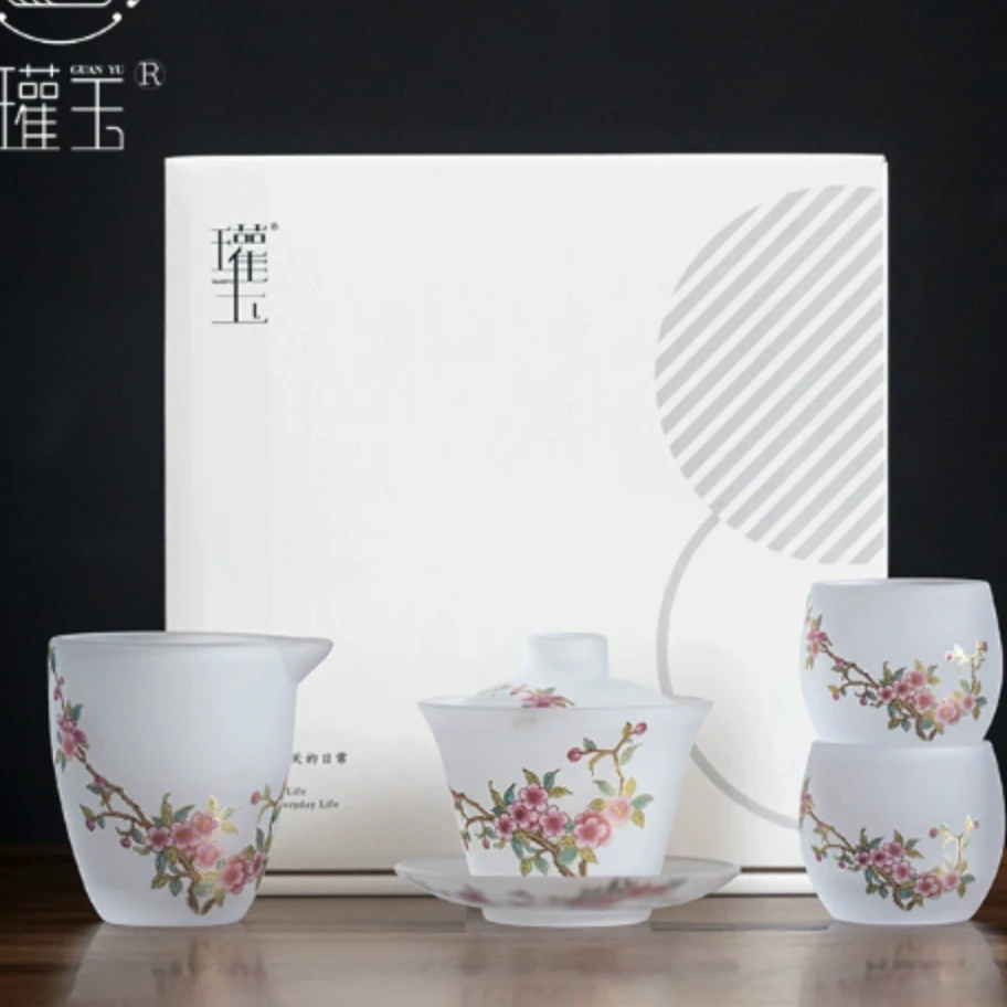 桃李春风磨砂琉璃三才盖碗套组带玻璃托盘