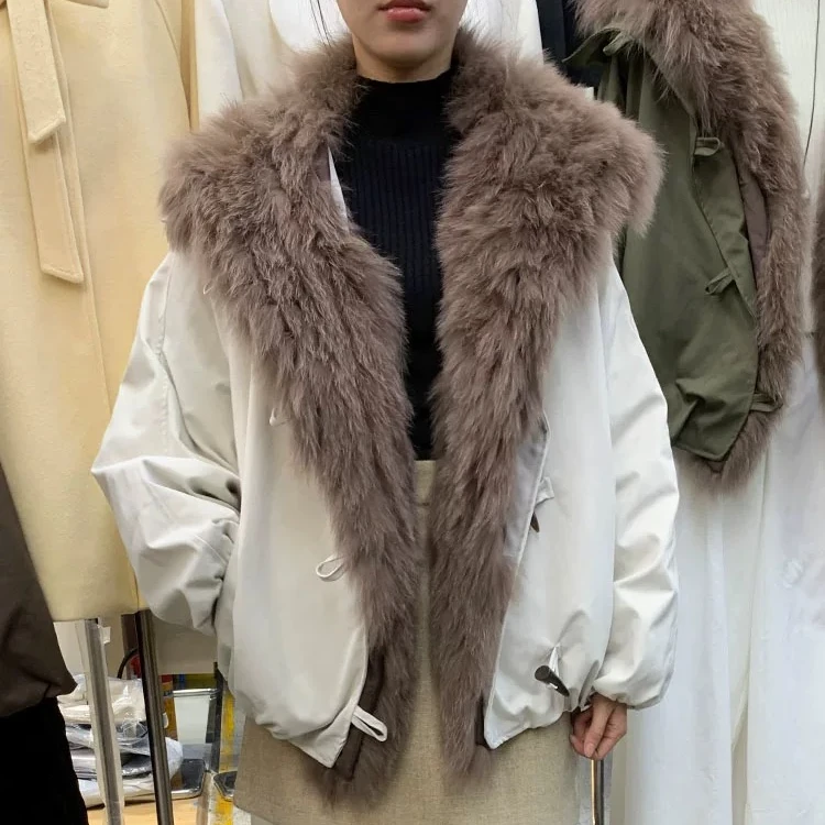 冬季真狐狸毛羽绒长袖设计师女士厚款宽松型外套上衣