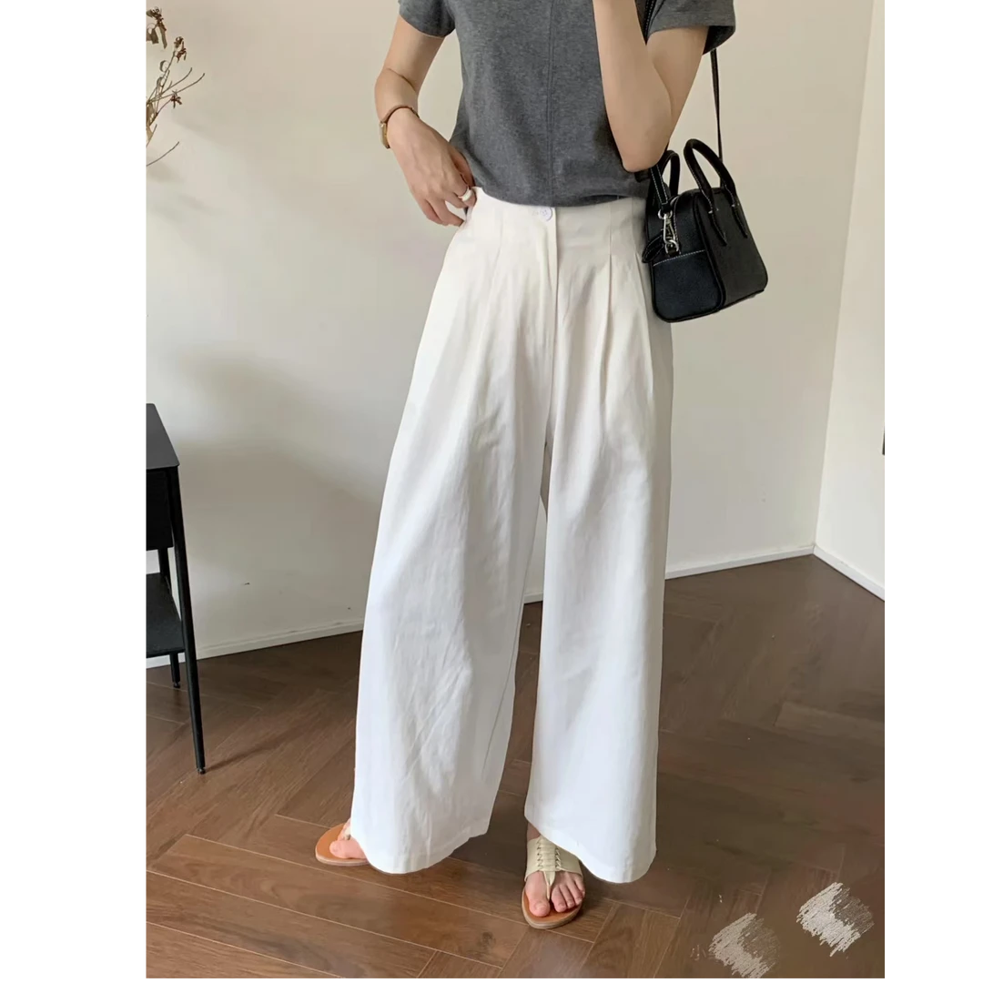 【纯棉】韩系气质阔腿裤女2025秋纯棉高腰百搭显瘦裤休闲长裤子女