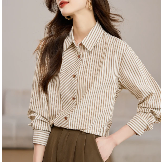 白领精致感竖条纹衬衫女长袖小众设计2025新早春洋气减龄衬衣上衣