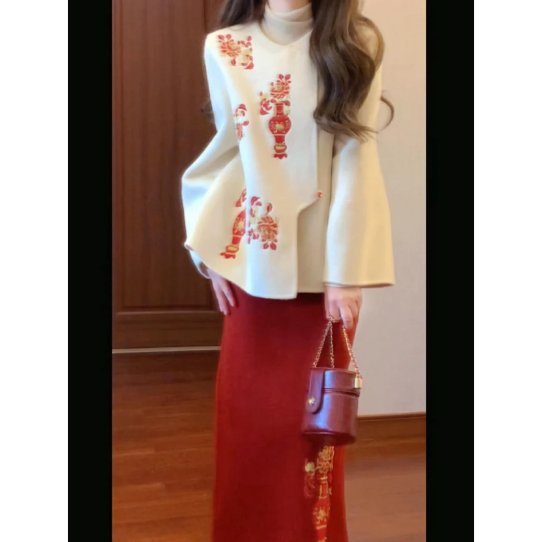 【千禧】2025秋冬新款新中式国风刺绣重工外套配高腰显瘦开叉半身裙